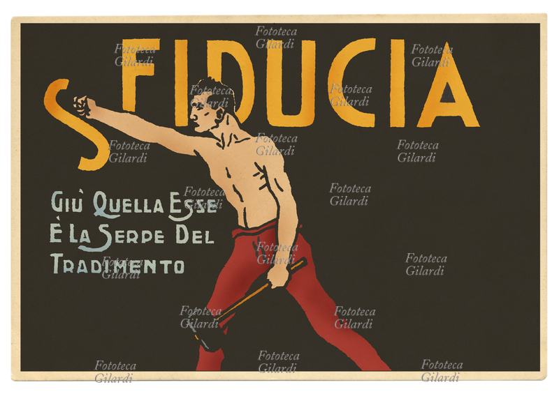 S-FIDUCIA "Giù quella ESSE, è la serpe del tradimento". Cartolina postale di propaganda contro il malcontento diffuso nella Camera dei Deputati in seguito al fallimento delle richieste avanzate dal capo del Governo Vittorio Emanuele Orlando e dal ministro degli Esteri Sidney Sonnino (territori Dalmazia e Fiume) alla Conferenza di Pace di Parigi: la Camera dei Deputati il 19 giugno 1919 espresse la sfiducia nei confronti di Vittorio Emanuele Orlando, che diede le dimissioni provocando la caduta del Governo italiano il 23 giugno 1919