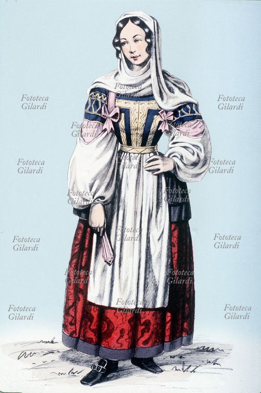 CALABRIA costume tradizionale femminile; la giovane donna tiene un ventaglio chiuso nella mano destra. Tavola n. 42 da \