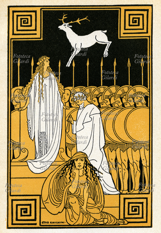 TROJAN WAR Upon sacrifice of Iphigenia at Aulis, the goddess Artemis sends a deer to be sacrificed in place, saving the girl. Illustration from "Stories of the history of the world. Greek and barbarian", Laura Cantoni Orvieto (March 7, 1876 - May 9, 1953), Italian writer who was an active part of the literary debate since the early twentieth century, and was able to join his ability to synthesize popularizing the passion for children by producing a series of much appreciated children\