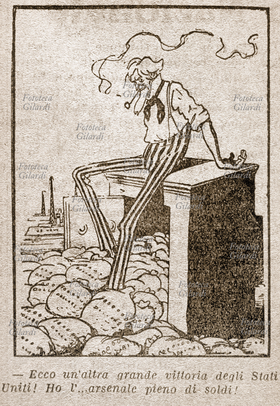 PRIMA GUERRA MONDIALE - USA. Satira spagnola, lo Zio Sam siede su una cassaforte aperta piena di sacchetti di dollari e dice: - Ecco un\