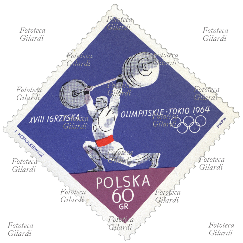 ATHLETICS Commemorative rhomboid stamp from the "Tokyo 1964 Olympic Games" series issued by the Polish post office. In the cartoon an athlete engaged in weight lifting. Drawing by J. Korolkiewicz, face value 60 grosz, offset. Poland, issued August 17, 1964