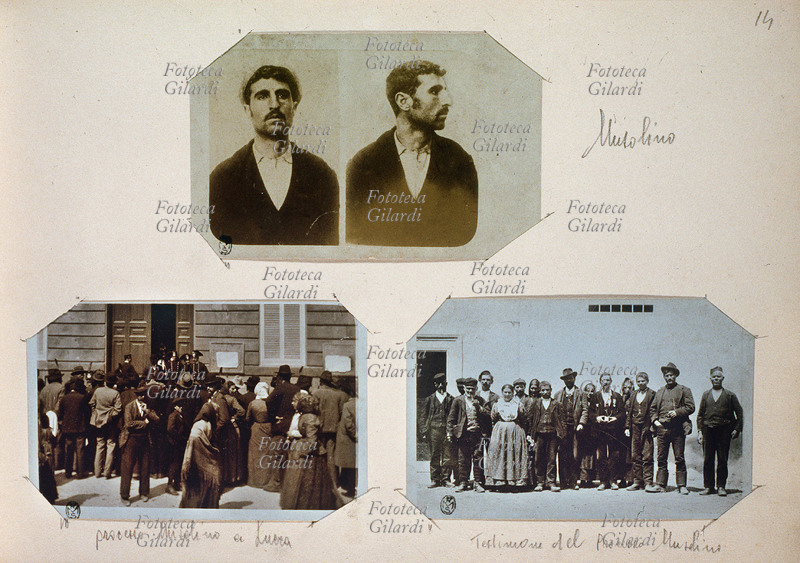 BRIGANTE MUSOLINO Pagina da album fotografico che documenta la cattura e il processo al brigante Giuseppe Musolino. La foto di fronte e di profilo della scheda segnaletica, l\