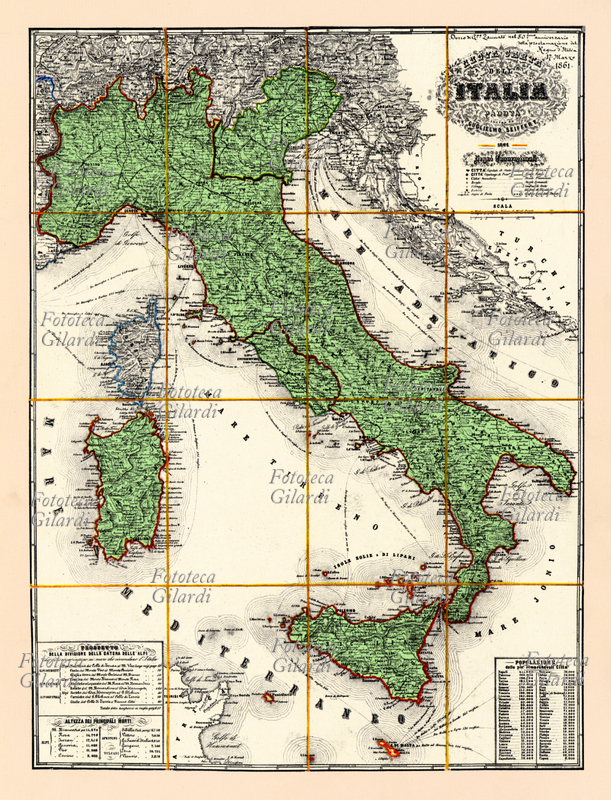 UNITY OF ITALY Map of the Italian territory post-unitary, from 1870 to 1919. Graphic elaboration of the New Map of Italy engraved in 1861 by Guglielmo Sieffert. CG, 2009