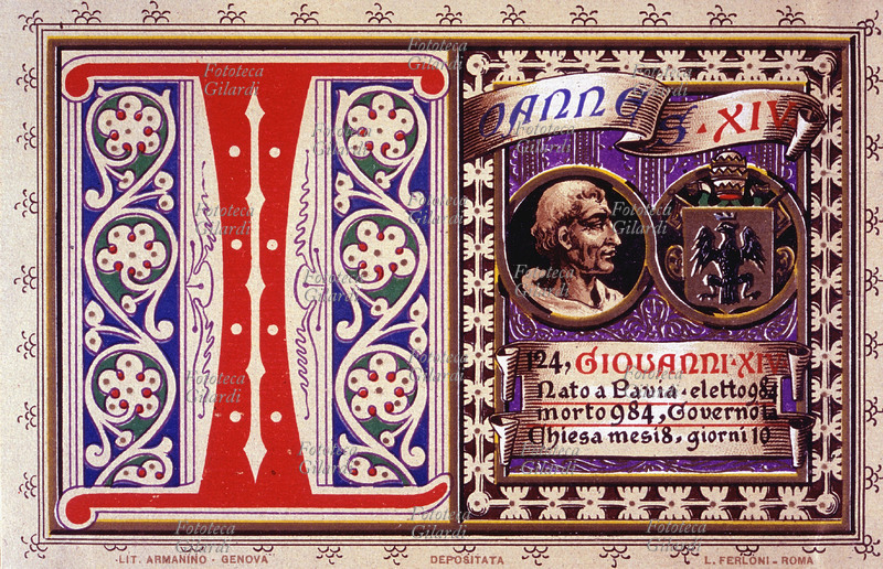 POPE GIOVANNI XIV been born to Pavia, which elected in the 984, died in the 984. He governed the Church for 8 months and 10 days. From cromolitografica series dedicated to Pope Pius X and whom blessed He. Rome, 1903.