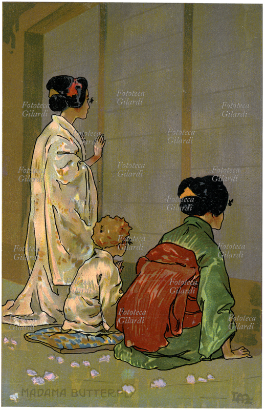 MADAMA BUTTERFLY illustrazione di Leopoldo Metlicovitz (1868-1944), raffigurante Cho Cho-san, il figlioletto Dolore e la servente Suzuki che guardano da dietro il paravento; scena dell\