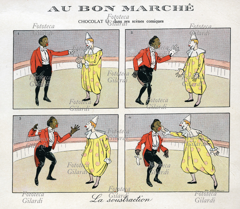 CLOWN Chocolat (Rafael Padilla 1868 circa - 1917) in una delle sue scene comiche effettuate con George Footit (George Tudor Hall, 1864 - 1921) i due recitavano in coppia la parte del clown bianco e di quello augusto, con un effetto scenico rinforzato dalla differente appartenenza razziale. Cartoncino pubblicitario dei grandi magazzini "Au Bon marché" cromolitografia fine XIX secolo