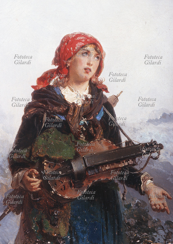 Gerolamo INDUNO (13 dicembre 1825 – 18 dicembre 1890). Linda di Chamonix. (suonatrice di Ghironda). Dipinto su tela, Italia XIX secolo.