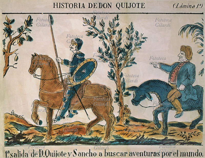 Miguel de CERVANTES SAAVEDRA (1547-1616) Don Chisciotte e Sancio Panza. Stampa popolare spagnola che illustra le avventure del celebre personaggio di Cervantes, XVIII secolo.