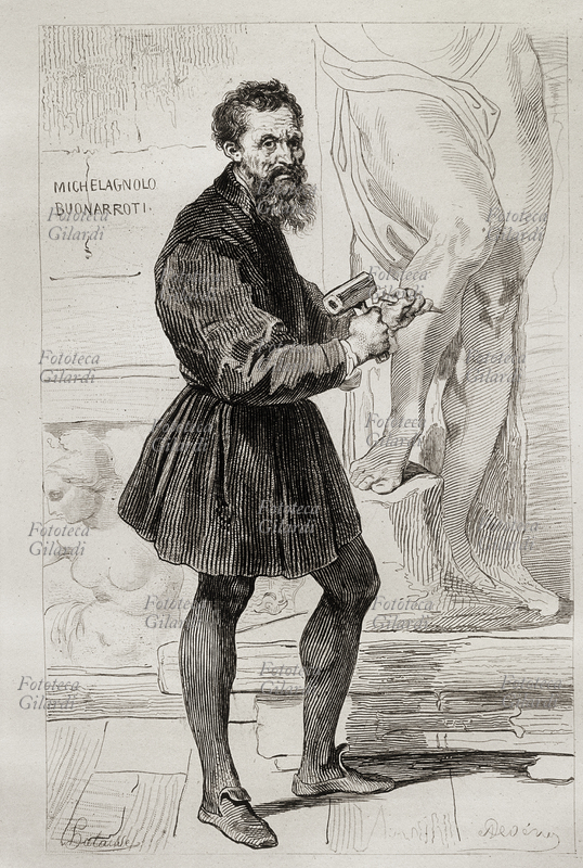 MICHELANGELO BUONARROTI (1475-1564) ritratto mentre lavora ad una sua opera scultorea. Incisione del XIX secolo