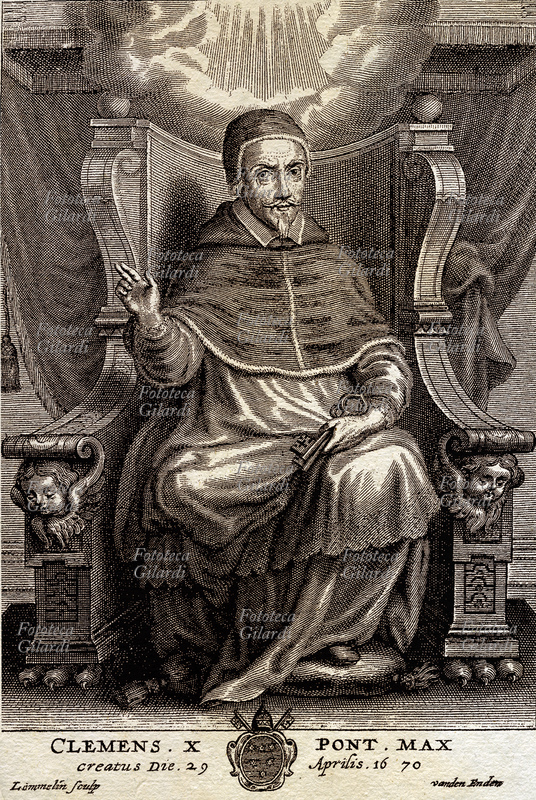PAPA CLEMENTE X (1590-1676) al secolo Emilio Altieri, nato a Roma, eletto nel 1670, morto nel 1676. Ritratto in trono in gesto benedicente e con le chiavi del Vaticano nella mano sinistra. Incisione, XVII secolo