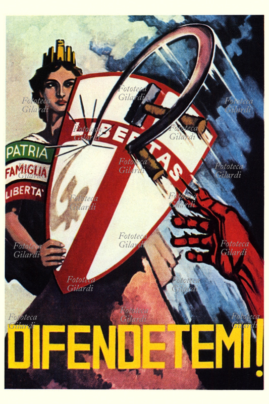 ELECTIONS. Election poster of the Christian Democrats. The slogan reads: "Defend me!" It is Italy speaking, protecting the values of homeland, family, and freedom behind its crossed shield, against which a red hand hurls the hammer and sickle. Italy, 1948