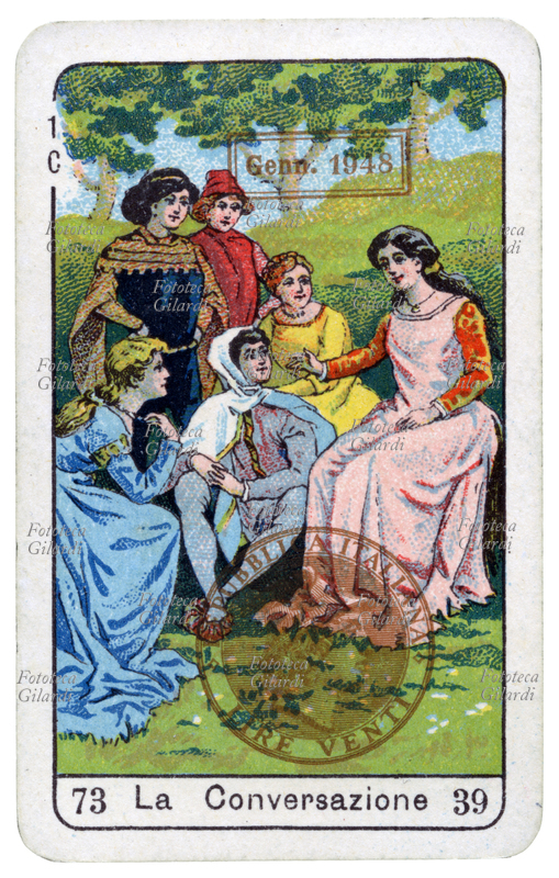 DAME e cavalieri in abiti medioevali, discutono in giardino. Carta divinatoria il cui motto recita: \