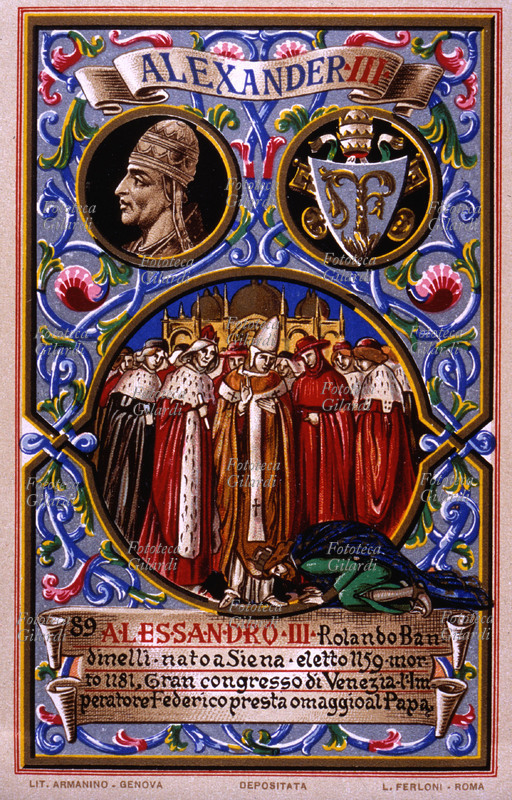POPE ALEXANDER III (circa 1100 - 30 August 1181), aka Rolando Bandinelli was born in Siena, elected in 1159. In 1160 he excommunicated Federico Barbarossa, who supported the anti-pope Victor IV and his successors. Following the defeat at the Battle of Legnano, in the Grand Venice Congress in 1177 Barbarossa recognized the papacy of Alexander, who, in turn, took his excommunication. Postcard chromolithographic n. 89 from the \