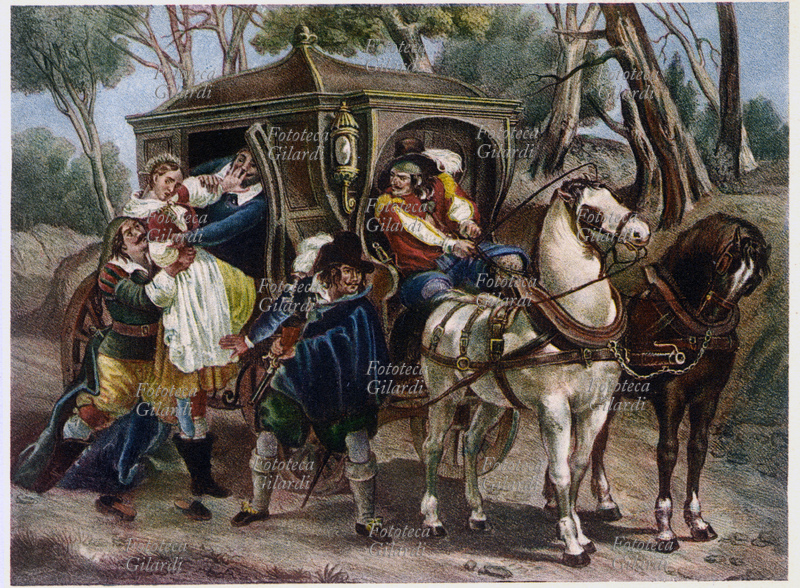 Alessandro MANZONI (1785-1873) I Promessi sposi (capitolo XX). Lucia girò la testa indietro atterrita, e cacciò un urlo; il malandrino la mise per forza nella carrozza... Cromolitografia. Milano, 1925 circa.