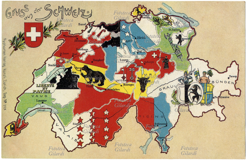 SVIZZERA Il territorio svizzero con evidenziate le regioni in cui è diviso - cartolina postale del XIX secolo