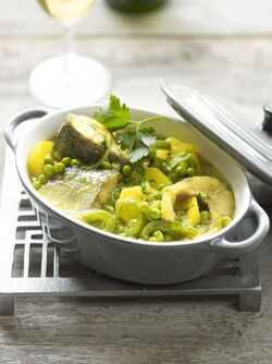 BRANZINO CON PISELLI ALLA GALLEGA