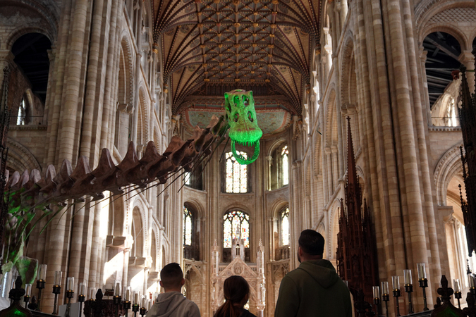 UK a life size cast of Patagotitan mayorum the most complete giant dinosaur ever discovered is on display at Peterborough Cathedral UK a life size cast of Patagotitan mayorum the most complete giant dinosaur ever discovered is on display at Peterborough Cathedral
