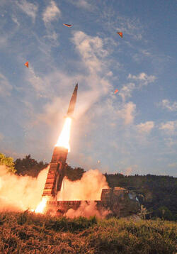 September 4, 2017 - South Korea: South Korea's Hyunmoo II ballistic missile is fired during an exercise at an undisclosed location. In South Korea, the nation's military said it conducted a live-fire exercise simulating an attack on North Korea's nuclear test site to "strongly warn" Pyongyang over the latest nuclear test. Seoul's Joint Chiefs of Staff said the drill involved F-15 fighter jets and the country's land-based "Hyunmoo" ballistic missiles. The released live weapons "accurately struck" a target in the sea off the country's eastern coast. (Polaris)