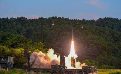 September 4, 2017 - South Korea: South Korea's Hyunmoo II ballistic missile is fired during an exercise at an undisclosed location. In South Korea, the nation's military said it conducted a live-fire exercise simulating an attack on North Korea's nuclear test site to "strongly warn" Pyongyang over the latest nuclear test. Seoul's Joint Chiefs of Staff said the drill involved F-15 fighter jets and the country's land-based "Hyunmoo" ballistic missiles. The released live weapons "accurately struck" a target in the sea off the country's eastern coast. (Polaris)
