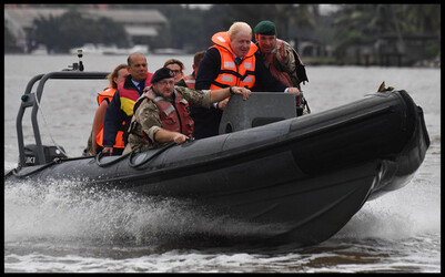 Image ©Licensed to i-Images Picture Agency. 31/08/2017. Nigeria. Boris Johnson & Priti Patel-Nigeria Day Two. The Foreign Secretary Boris Johnson piloting a rib with the British Navy who are based in Lagos, Nigeria, training the Nigerian Navy to tackle the pirates. Picture by Andrew Parsons / i-Images