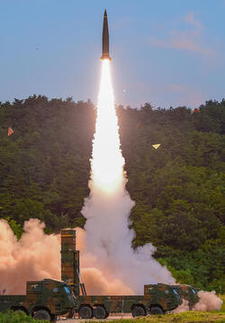 September 4, 2017 - South Korea: South Korea's Hyunmoo II ballistic missile is fired during an exercise at an undisclosed location. In South Korea, the nation's military said it conducted a live-fire exercise simulating an attack on North Korea's nuclear test site to "strongly warn" Pyongyang over the latest nuclear test. Seoul's Joint Chiefs of Staff said the drill involved F-15 fighter jets and the country's land-based "Hyunmoo" ballistic missiles. The released live weapons "accurately struck" a target in the sea off the country's eastern coast. (Polaris)