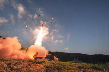 September 4, 2017 - South Korea: South Korea's Hyunmoo II ballistic missile is fired during an exercise at an undisclosed location. In South Korea, the nation's military said it conducted a live-fire exercise simulating an attack on North Korea's nuclear test site to "strongly warn" Pyongyang over the latest nuclear test. Seoul's Joint Chiefs of Staff said the drill involved F-15 fighter jets and the country's land-based "Hyunmoo" ballistic missiles. The released live weapons "accurately struck" a target in the sea off the country's eastern coast. (Polaris)