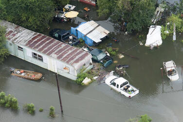 August 2017 - Texas, United States: Hurricane Harvey flooding in Port Arthur, Texas, August 30, 2017. Hurricane Harvey formed in the Gulf of Mexico and made landfall in southeastern Texas, bringing record flooding and destruction to the region. U.S. military assets supported FEMA as well as state and local authorities in rescue and relief efforts. (POLARIS)