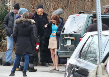 EXCLUSIVE: Jessica Chastain is all smiles on the set of 'Molly's Game' in Toronto, Canada. The red headed actress plays the role of Molly Bloom an ex skier who's career takes an unexpected turn as she becomes the host of a high stakes poker game. The Martian star wearing a coffee colored skirt and smart blue top wrapped in a cashmere scarf to keep warm in between shooting scenes.
Please byline:TheImageDirect.com