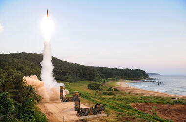 September 4, 2017 - South Korea: South Korea's Hyunmoo II ballistic missile is fired during an exercise at an undisclosed location. In South Korea, the nation's military said it conducted a live-fire exercise simulating an attack on North Korea's nuclear test site to "strongly warn" Pyongyang over the latest nuclear test. Seoul's Joint Chiefs of Staff said the drill involved F-15 fighter jets and the country's land-based "Hyunmoo" ballistic missiles. The released live weapons "accurately struck" a target in the sea off the country's eastern coast. (Polaris)