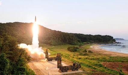 September 4, 2017 - South Korea: South Korea's Hyunmoo II ballistic missile is fired during an exercise at an undisclosed location. In South Korea, the nation's military said it conducted a live-fire exercise simulating an attack on North Korea's nuclear test site to "strongly warn" Pyongyang over the latest nuclear test. Seoul's Joint Chiefs of Staff said the drill involved F-15 fighter jets and the country's land-based "Hyunmoo" ballistic missiles. The released live weapons "accurately struck" a target in the sea off the country's eastern coast. (Polaris)