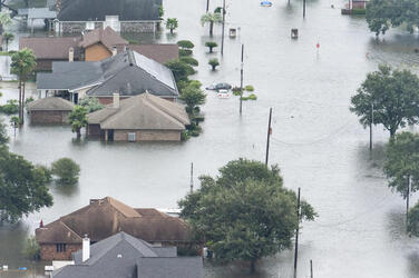 August 2017 - Texas, United States: Hurricane Harvey flooding in Port Arthur, Texas, August 30, 2017. Hurricane Harvey formed in the Gulf of Mexico and made landfall in southeastern Texas, bringing record flooding and destruction to the region. U.S. military assets supported FEMA as well as state and local authorities in rescue and relief efforts. (POLARIS)