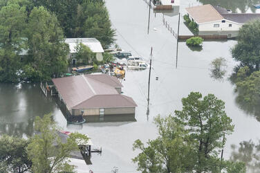 August 2017 - Texas, United States: Hurricane Harvey flooding in Port Arthur, Texas, August 30, 2017. Hurricane Harvey formed in the Gulf of Mexico and made landfall in southeastern Texas, bringing record flooding and destruction to the region. U.S. military assets supported FEMA as well as state and local authorities in rescue and relief efforts. (POLARIS)