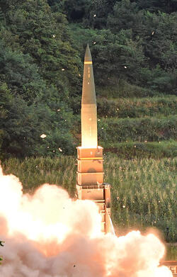 September 4, 2017 - South Korea: South Korea's Hyunmoo II ballistic missile is fired during an exercise at an undisclosed location. In South Korea, the nation's military said it conducted a live-fire exercise simulating an attack on North Korea's nuclear test site to "strongly warn" Pyongyang over the latest nuclear test. Seoul's Joint Chiefs of Staff said the drill involved F-15 fighter jets and the country's land-based "Hyunmoo" ballistic missiles. The released live weapons "accurately struck" a target in the sea off the country's eastern coast. (Polaris)