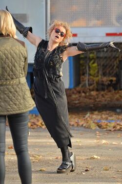 Helena Bonham Carter strikes a pose as she leaving her trailer on the set of Oceans 8 