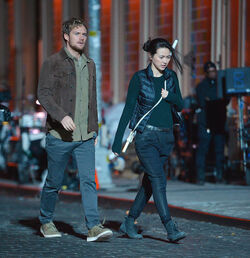 Jessica Henwick and Finn Jones on the set of Iron Fist filming in Soho on DECEMBER 02 2016 in New York City New York