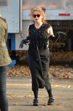 Helena Bonham Carter strikes a pose as she leaving her trailer on the set of Oceans 8 