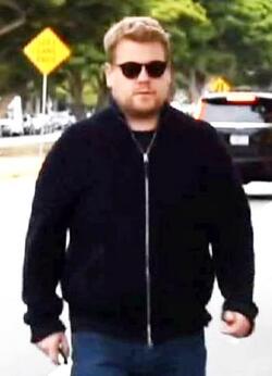 James Corden was spotted in Brentwood climbing into his Aston Martin Rapide sportscar.