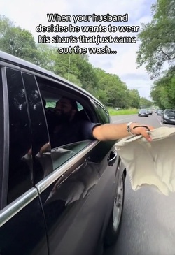 Time strapped Brit leaves drivers cackling hanging SHORTS out car window in quick dry hack