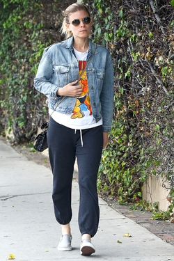 Kate Mara looks comfy in sweatpants and denim jacket while out and about