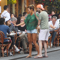 Kelly Bensimon pushing her Citi Biki and going for lunch in short shorts