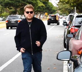 James Corden was spotted in Brentwood climbing into his Aston Martin Rapide sportscar.