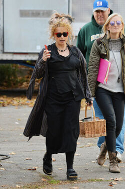 Helena Bonham Carter strikes a pose as she leaving her trailer on the set of Oceans 8 