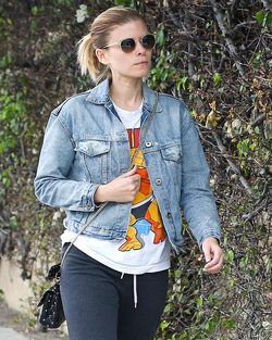 Kate Mara looks comfy in sweatpants and denim jacket while out and about