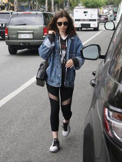 Lily Collins rocks a denim jacket and yoga pants keeping it casual during a breakfast outing in West Hollywood. Lily Collins rocks a denim jacket and yoga pants keeping it casual during a breakfast outing in West Hollywood.