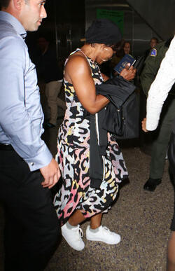 Angela Bassett rocking a colorful dress at LAX