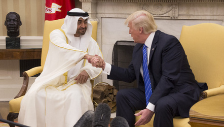 President Donald Trump poses for photographs with Crown Prince Muhammad bin Zayid Al Nuhayyan of Abu Dhabi