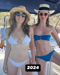 Non Exclusive Liz Hurley and Trinny Woodall pose in topless throwback pic Non Exclusive Liz Hurley and Trinny Woodall pose in topless throwback pic