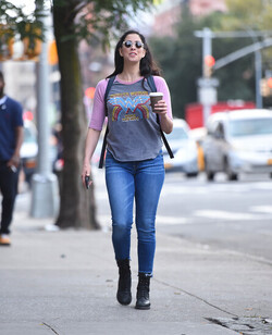 Sarah Silverman in a Wonder Woman print tee enjoys her coffee as she strolls though East Village Sarah Silverman in a Wonder Woman print tee enjoys her coffee as she strolls though East Village