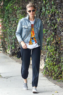 Kate Mara looks comfy in sweatpants and denim jacket while out and about