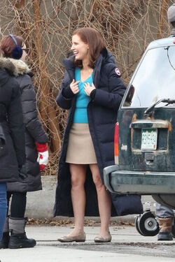 EXCLUSIVE Jessica Chastain Wraps up in a Cashmere Scarf on the Set of Molly s Game.